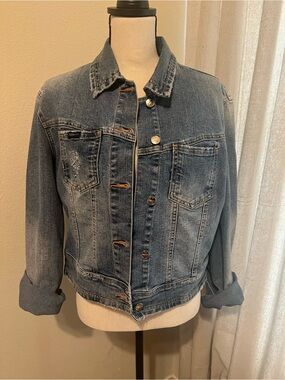 Classic Denim Jacket in Blue with Red Logo Detail